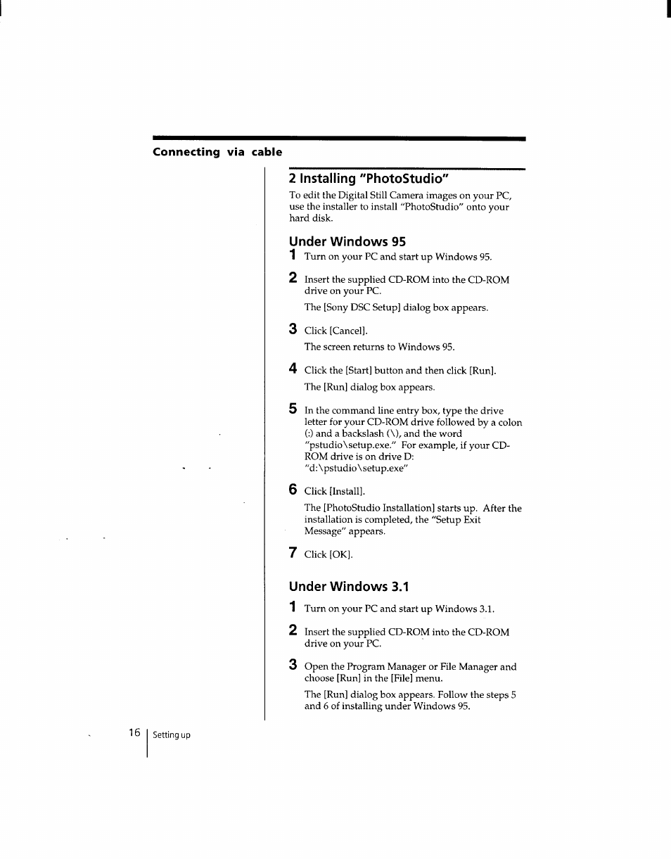 2 installing "photostudio, Under windows 95, Under windows 3.1 | Sony DSC-F1 User Manual | Page 16 / 127