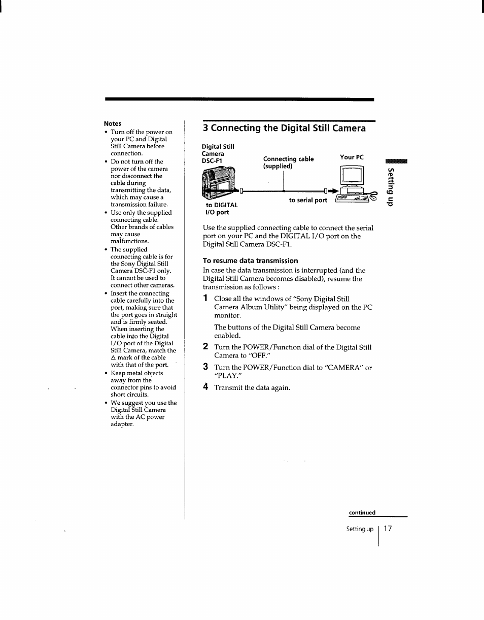 3 connecting the digital still camera, To resume data transmission | Sony DSC-F1 User Manual | Page 17 / 127