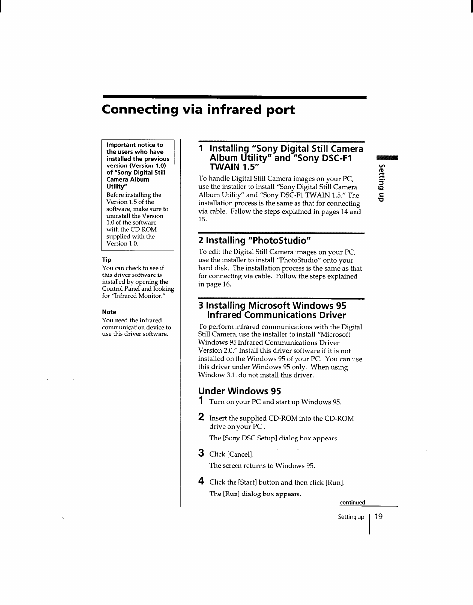 Connecting via infrared port, 2 installing "photostudio, Under windows 95 | Sony DSC-F1 User Manual | Page 19 / 127
