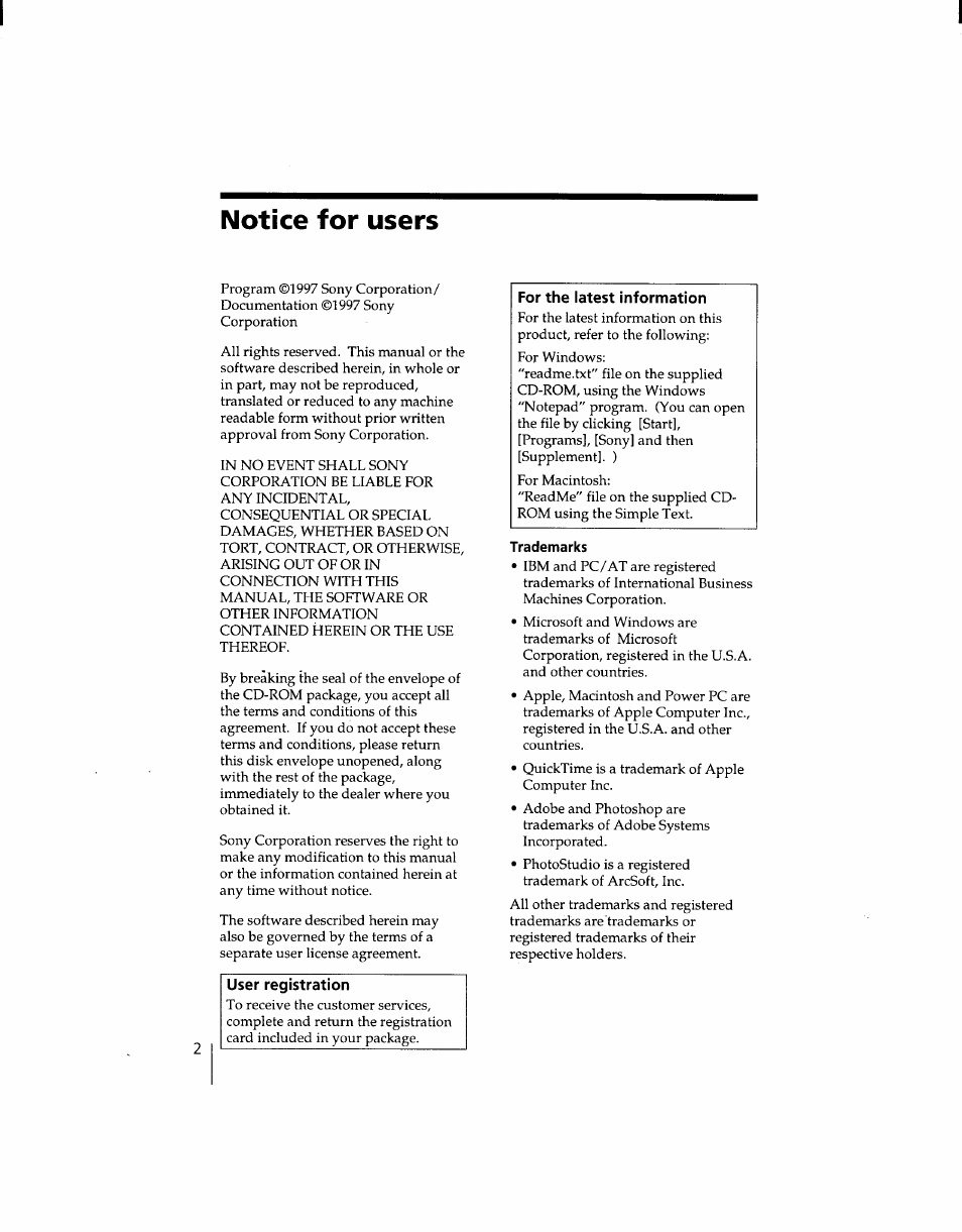 Notice for users, Trademarks | Sony DSC-F1 User Manual | Page 2 / 127