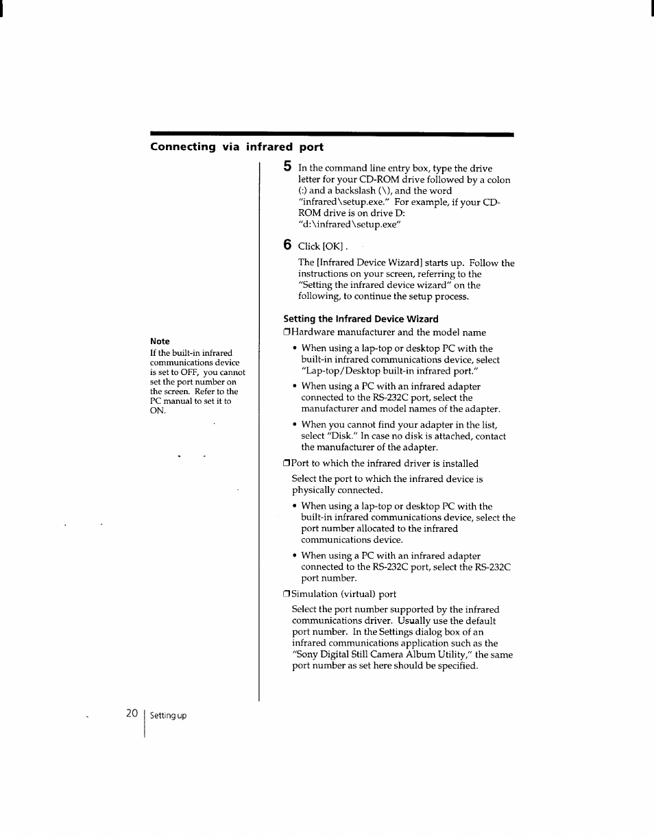 Setting the infrared device wizard | Sony DSC-F1 User Manual | Page 20 / 127