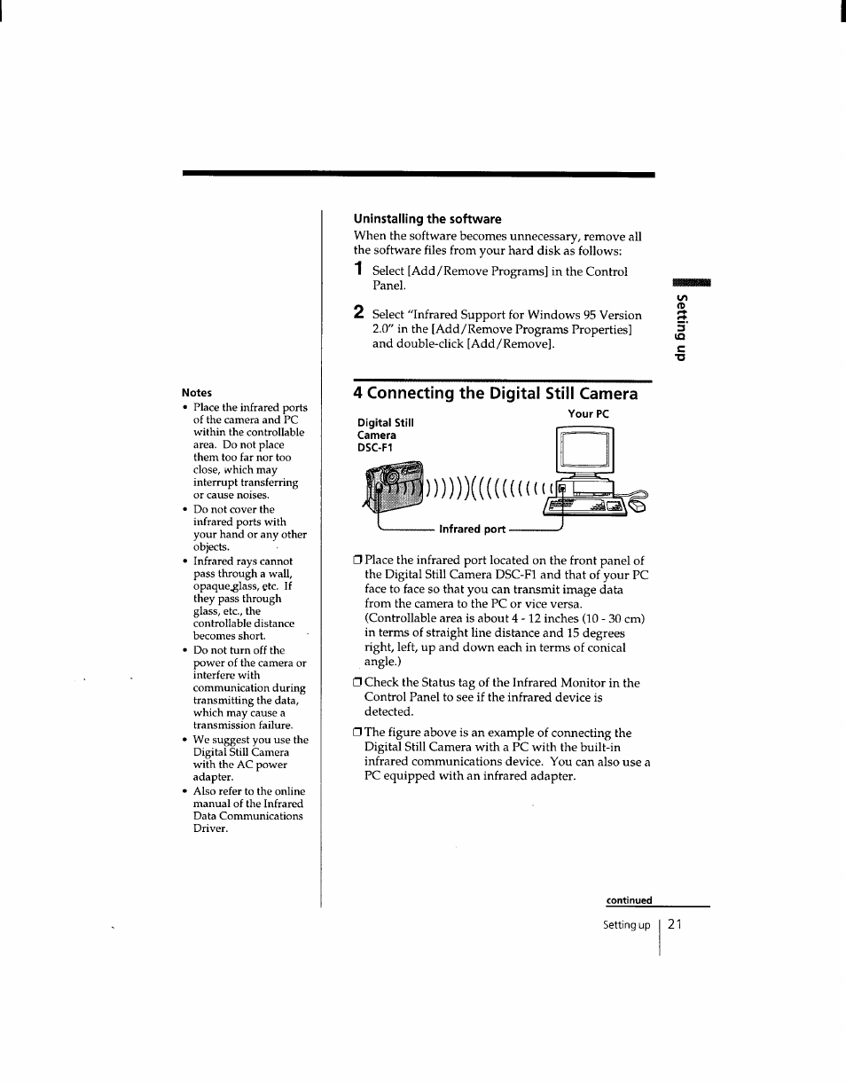 Uninstalling the software, 4 connecting the digital still camera | Sony DSC-F1 User Manual | Page 21 / 127