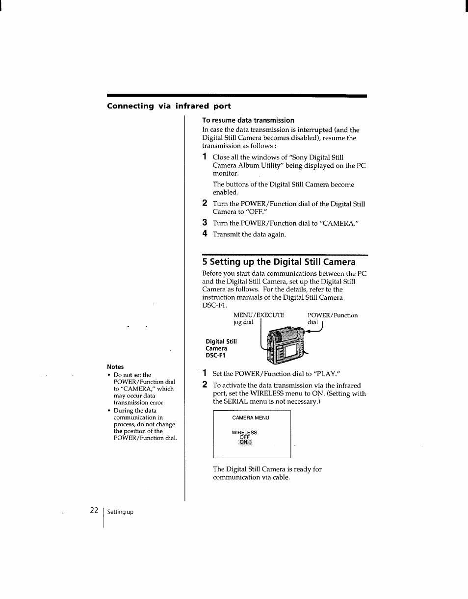 To resume data transmission, 5 setting up the digital still camera | Sony DSC-F1 User Manual | Page 22 / 127