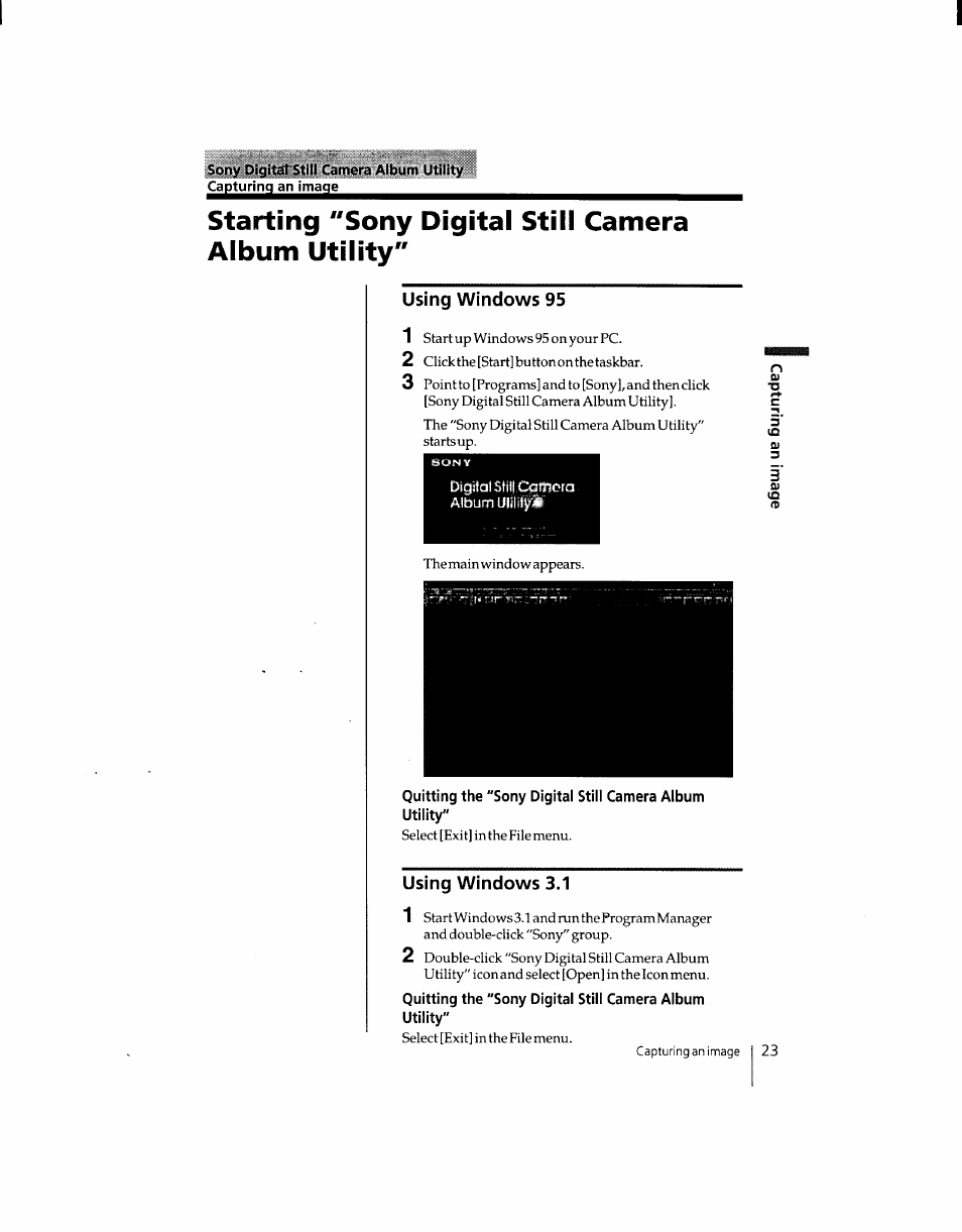 Starting "sony digital still camera album utility, Using windows 95, Using windows 3.1 | Sony DSC-F1 User Manual | Page 23 / 127