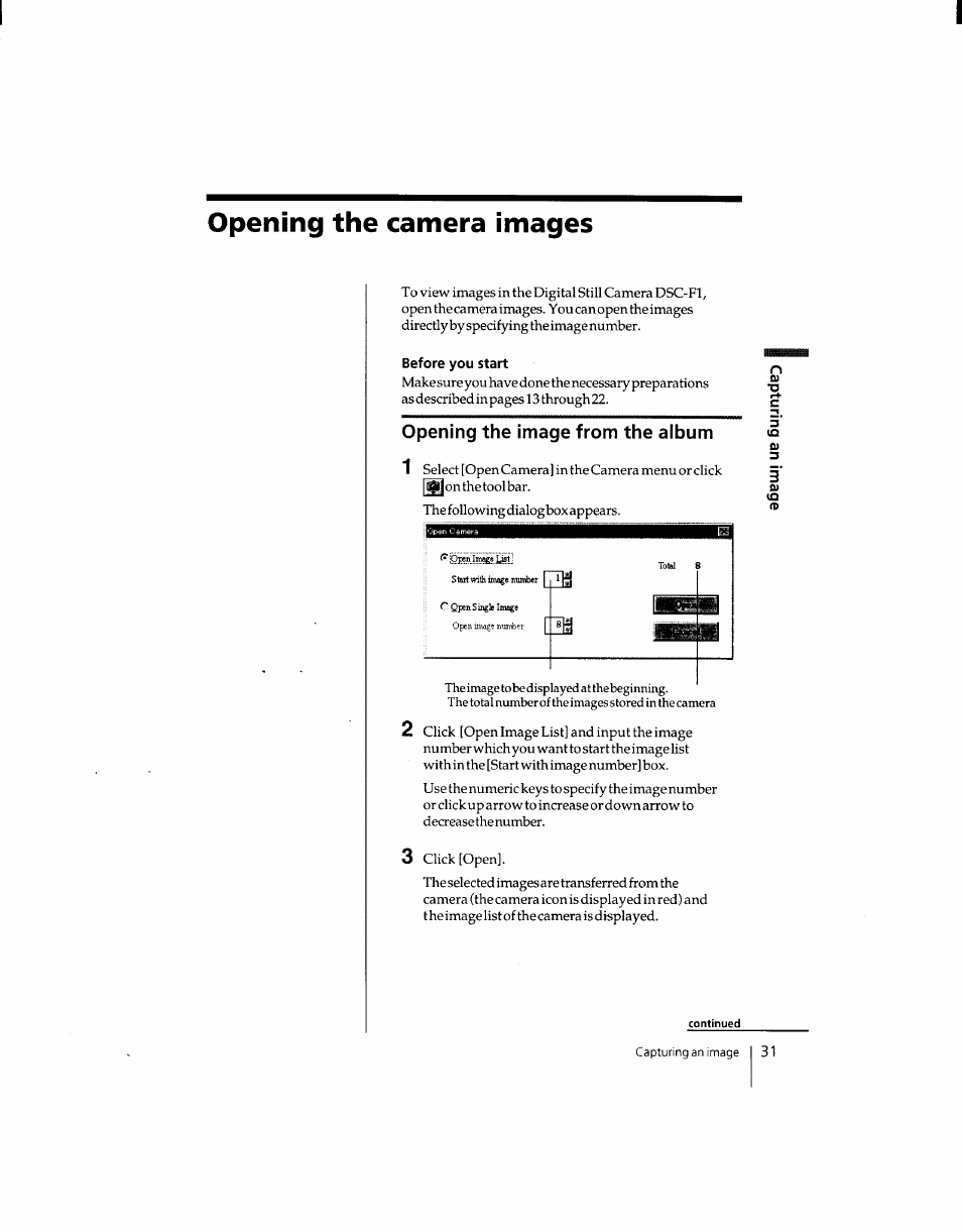 Opening the camera images, Before you start, Opening the image from the album | Sony DSC-F1 User Manual | Page 30 / 127