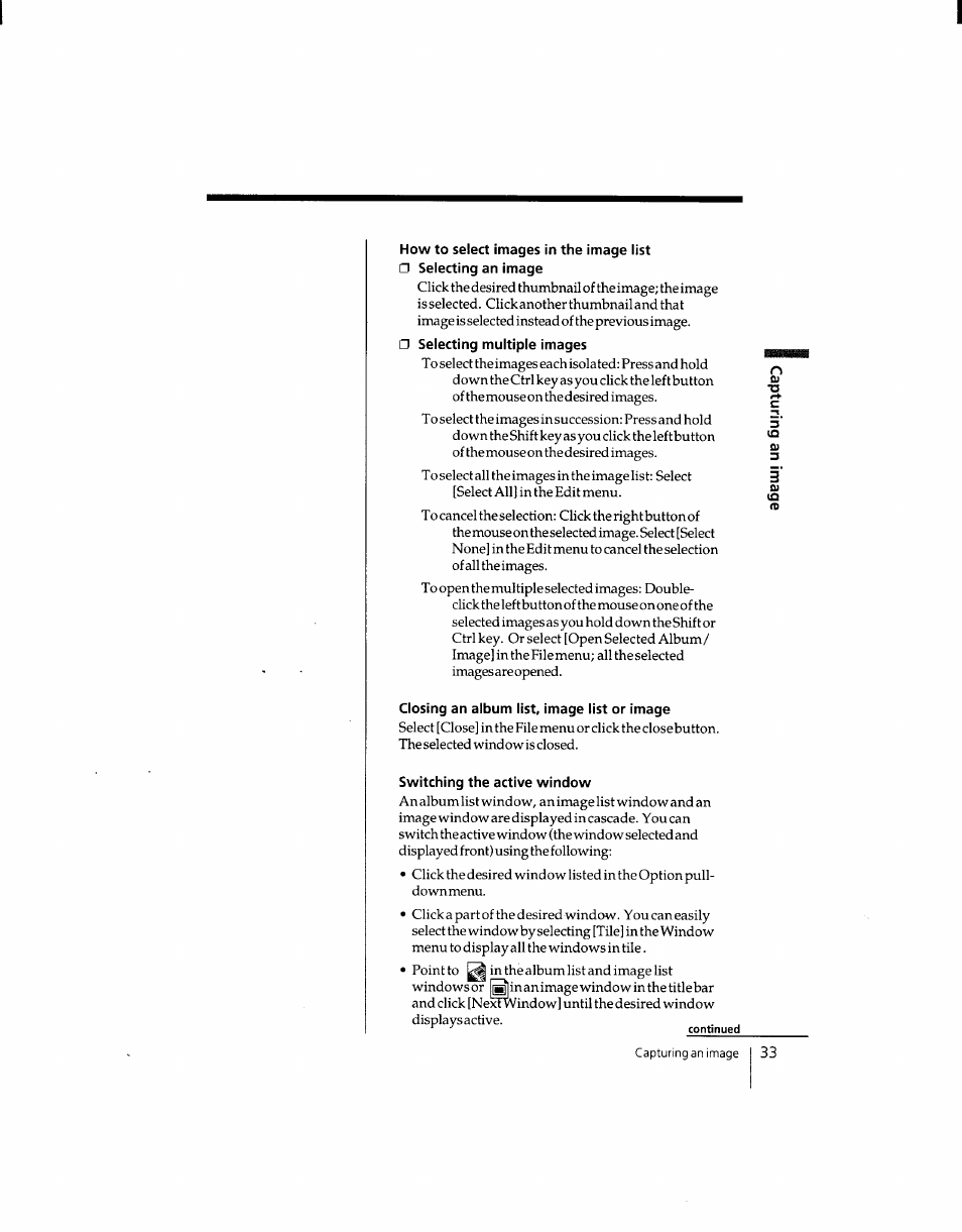 How to select images in the image iist, Seiecting an image, Selecting multiple images | Closing an album list, image list or image, Switching the active window | Sony DSC-F1 User Manual | Page 32 / 127