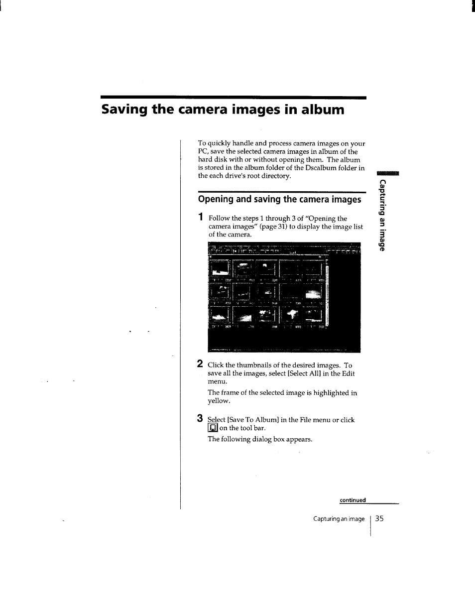 Saving the camera images in album, Opening and saving the camera images | Sony DSC-F1 User Manual | Page 34 / 127