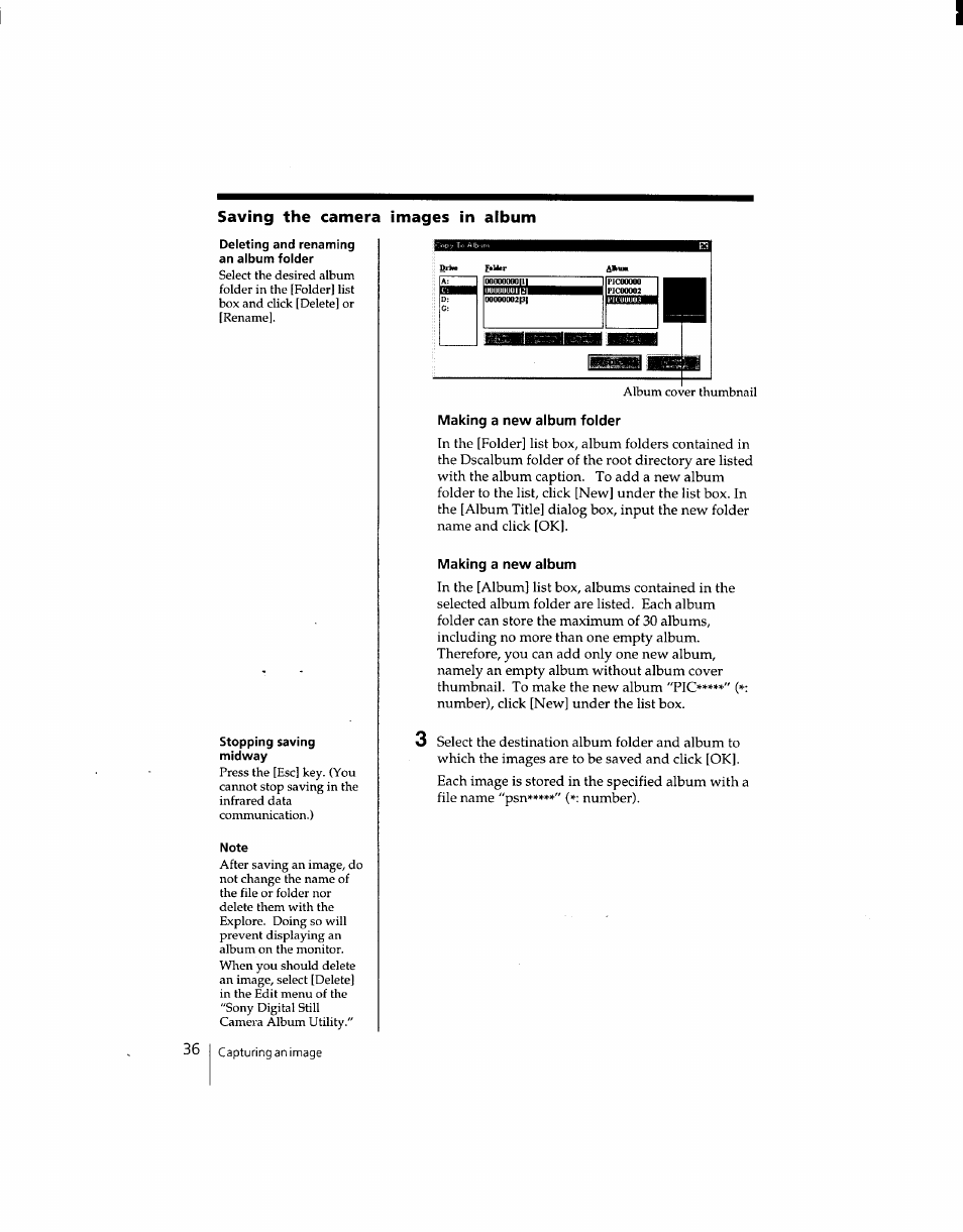 Making a new album folder, Making a new album, Saving the camera images in album | Sony DSC-F1 User Manual | Page 35 / 127