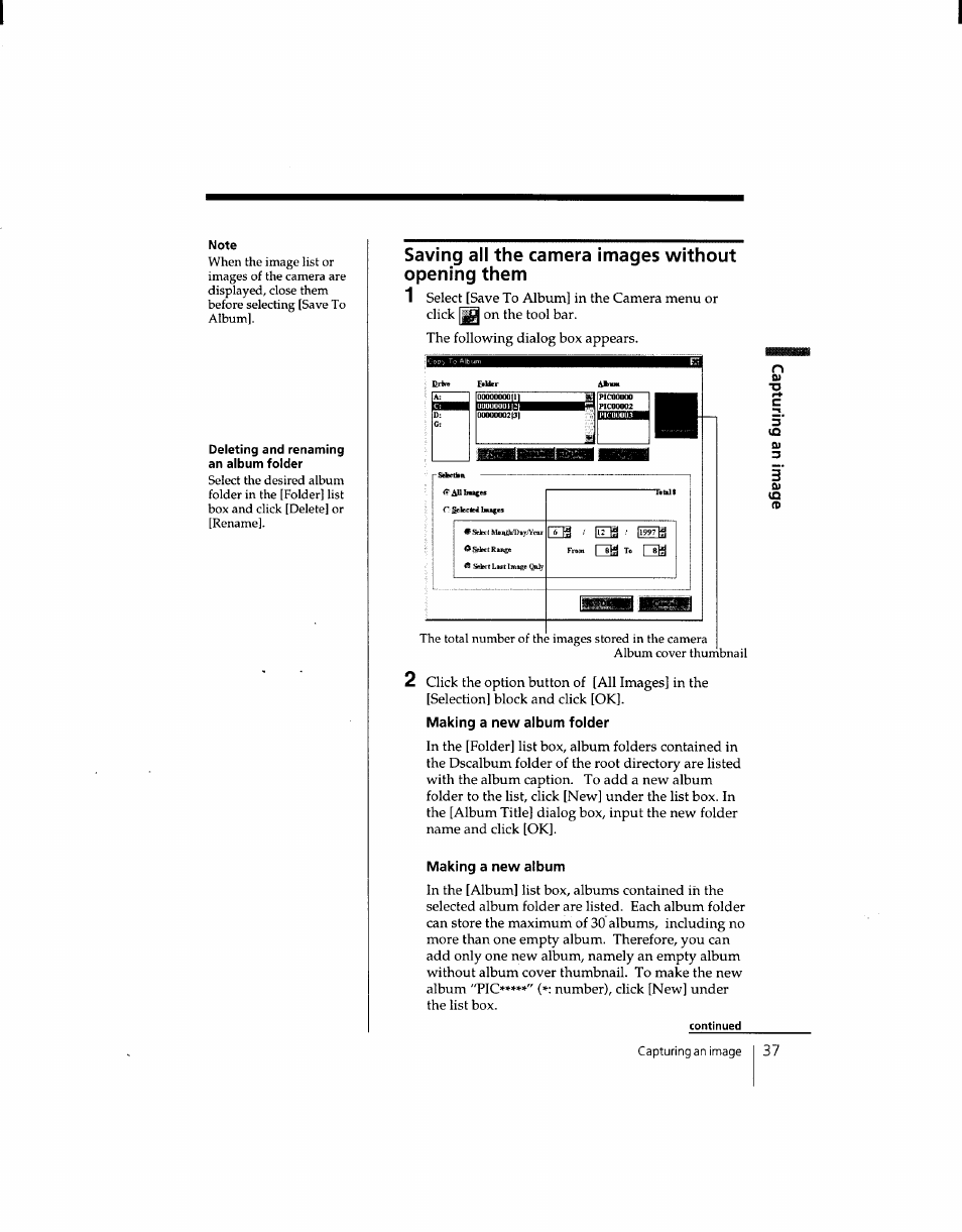 Saving all the camera images without opening them, Making a new album folder, Making a new album | Sony DSC-F1 User Manual | Page 36 / 127