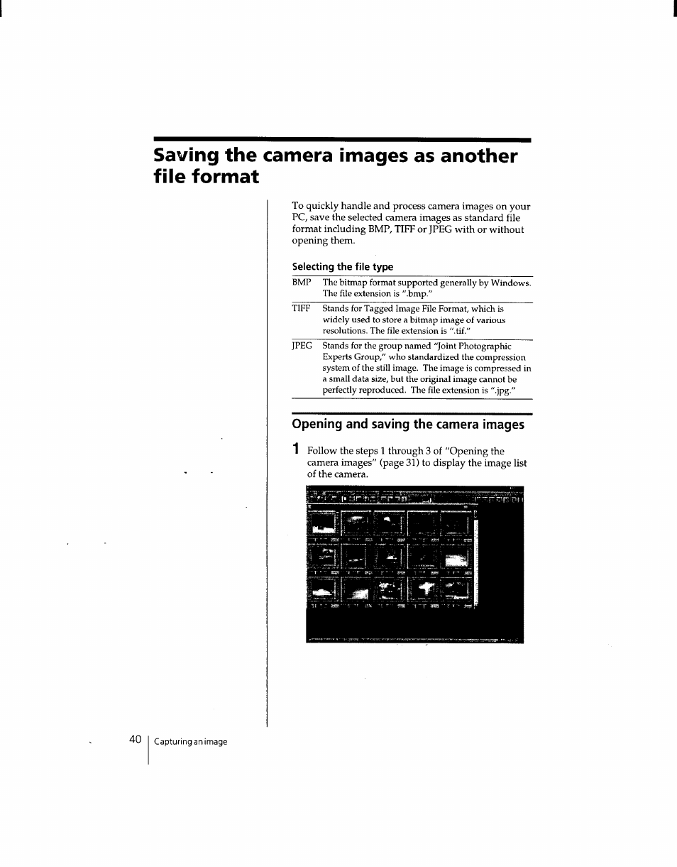 Saving the camera images as another file format, Selecting the file type, Opening and saving the camera images | Sony DSC-F1 User Manual | Page 39 / 127