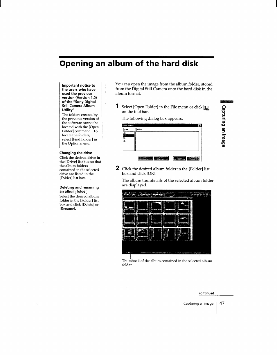 Opening an album of the hard disk | Sony DSC-F1 User Manual | Page 46 / 127