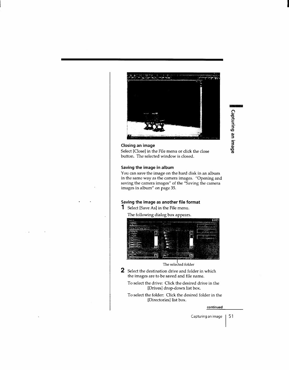 Closing an image, Saving the image in aibum, Saving the image as another file format | Sony DSC-F1 User Manual | Page 50 / 127