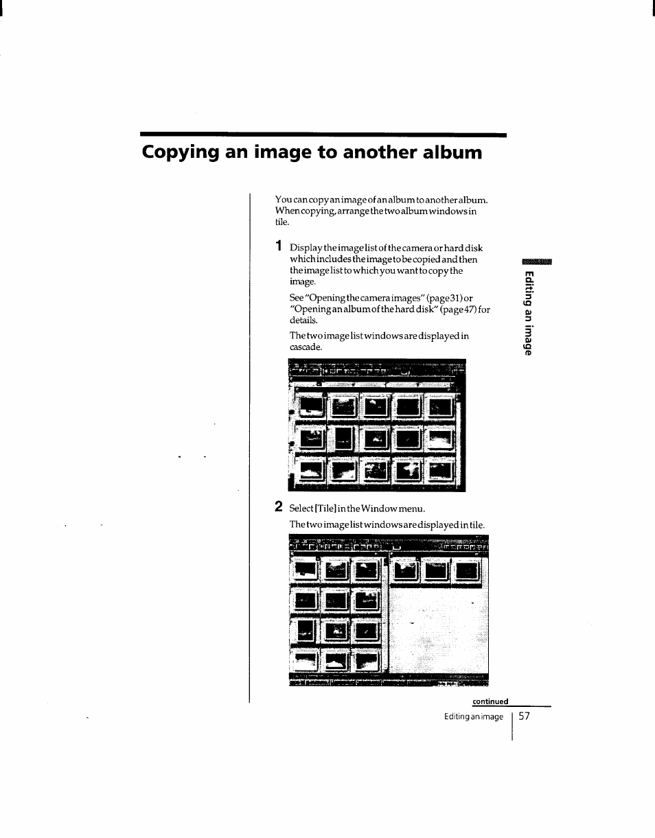 Copying an image to another album, Jwsjpb, Copying an image to another album 57 | Sony DSC-F1 User Manual | Page 56 / 127