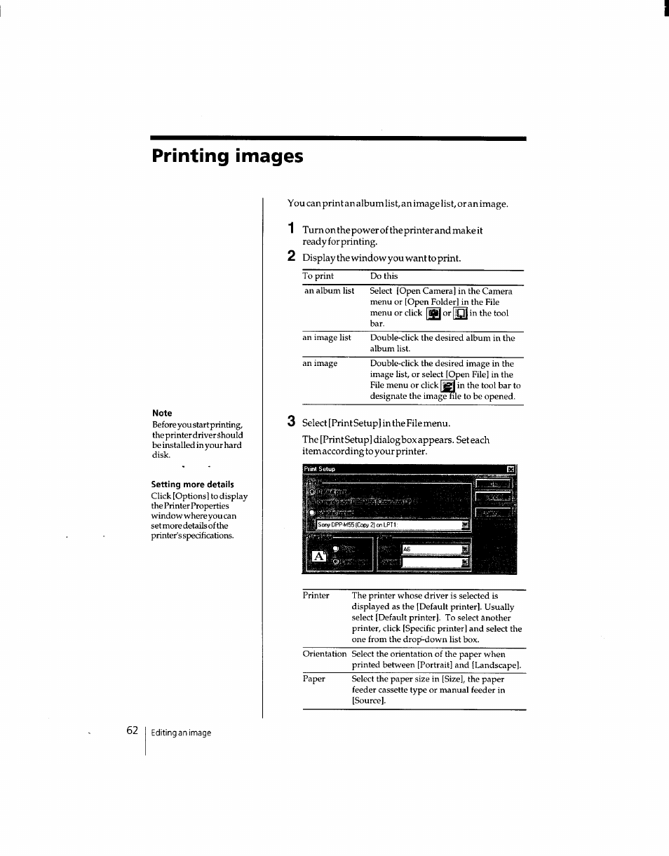 Printing images | Sony DSC-F1 User Manual | Page 62 / 127