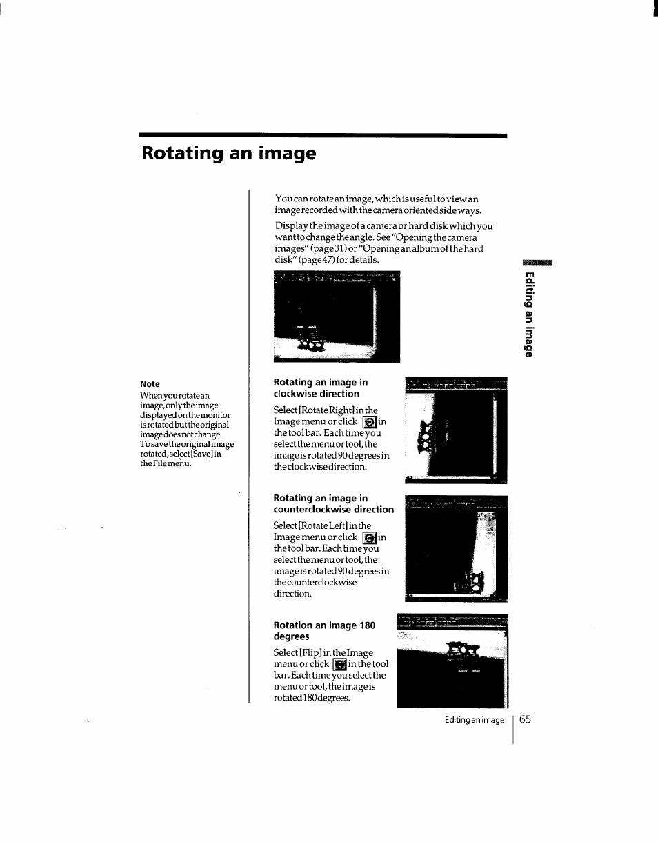 Rotating an image, Rotating an image in clockwise direction, Rotating an image in counterclockwise direction | Rotation an image 180 degrees | Sony DSC-F1 User Manual | Page 65 / 127