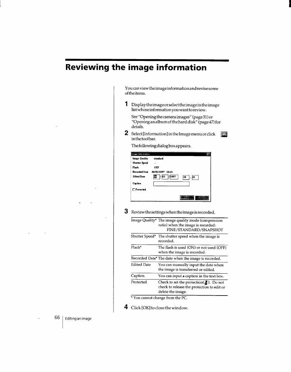 Reviewing the image information | Sony DSC-F1 User Manual | Page 66 / 127