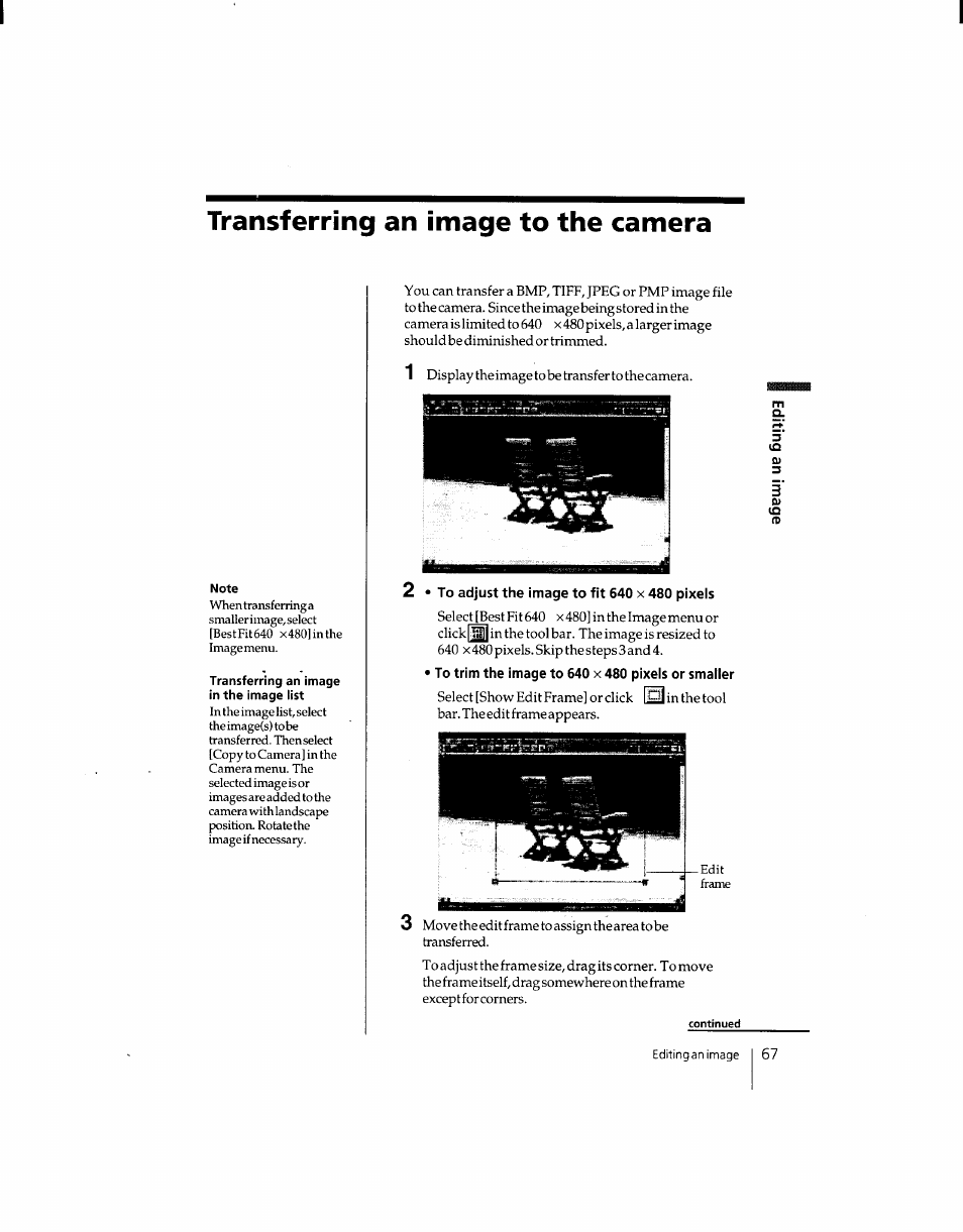 Transferring an image to the camera, To adjust the image to fit 640 x 480 pixels, To trim the image to 640 x 480 pixels or smaller | Sony DSC-F1 User Manual | Page 67 / 127