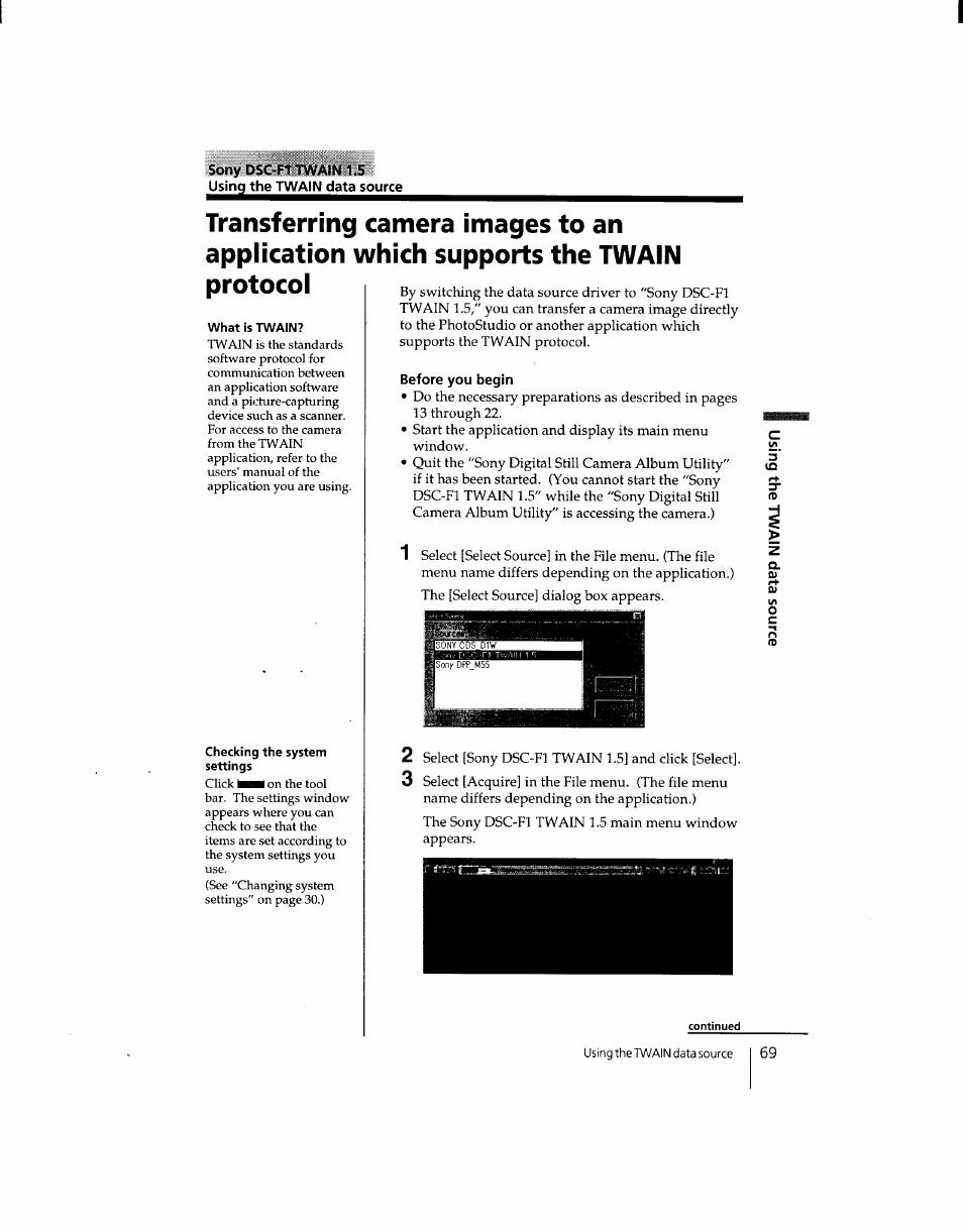 Sony dsc-ft twain 1.5 using the twain data source, Protocol, Before you begin | Transferring camera images to an, Application which supports the twain protocol | Sony DSC-F1 User Manual | Page 69 / 127