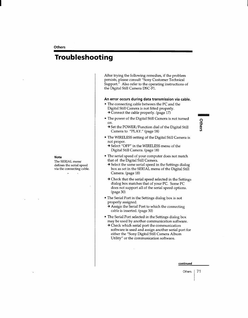 Troubleshooting, An error occurs during data transmission via cable | Sony DSC-F1 User Manual | Page 71 / 127