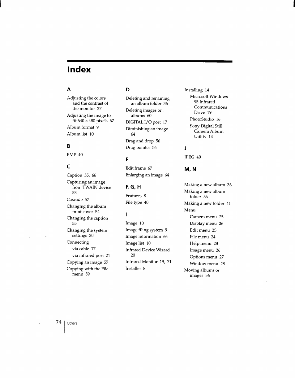 Index, F.g, h, M, n | Sony DSC-F1 User Manual | Page 74 / 127