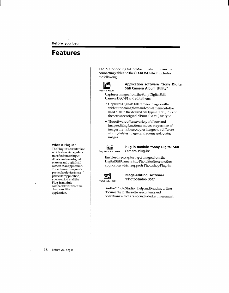 Before you begin, Features, Plug-in module "sony digital still | Image-editing software, Photostudio-dsc | Sony DSC-F1 User Manual | Page 78 / 127