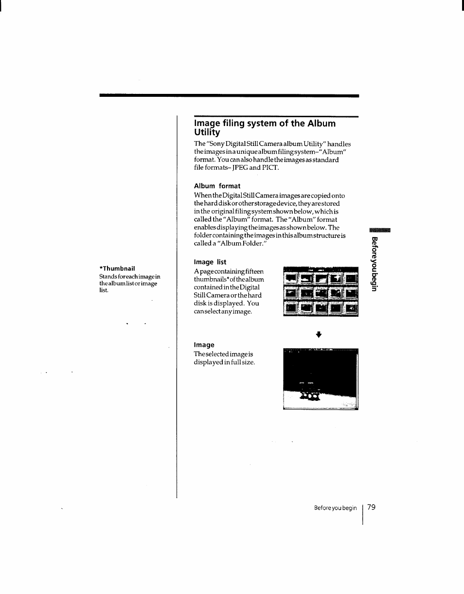 Image filing system of the album utility, Album format, Image list | Image, Images | Sony DSC-F1 User Manual | Page 79 / 127