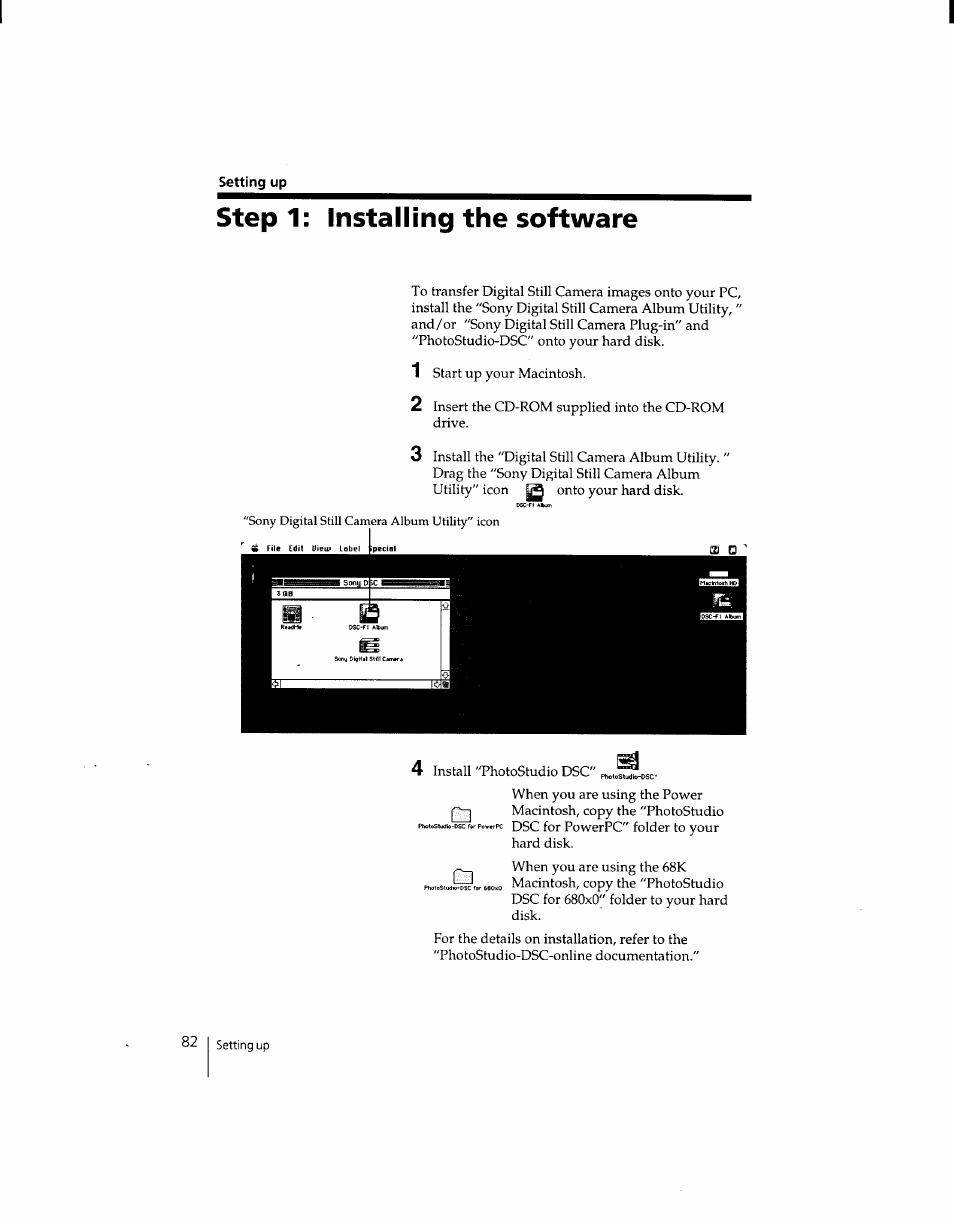 Setting up, Step 1: installing the software | Sony DSC-F1 User Manual | Page 82 / 127