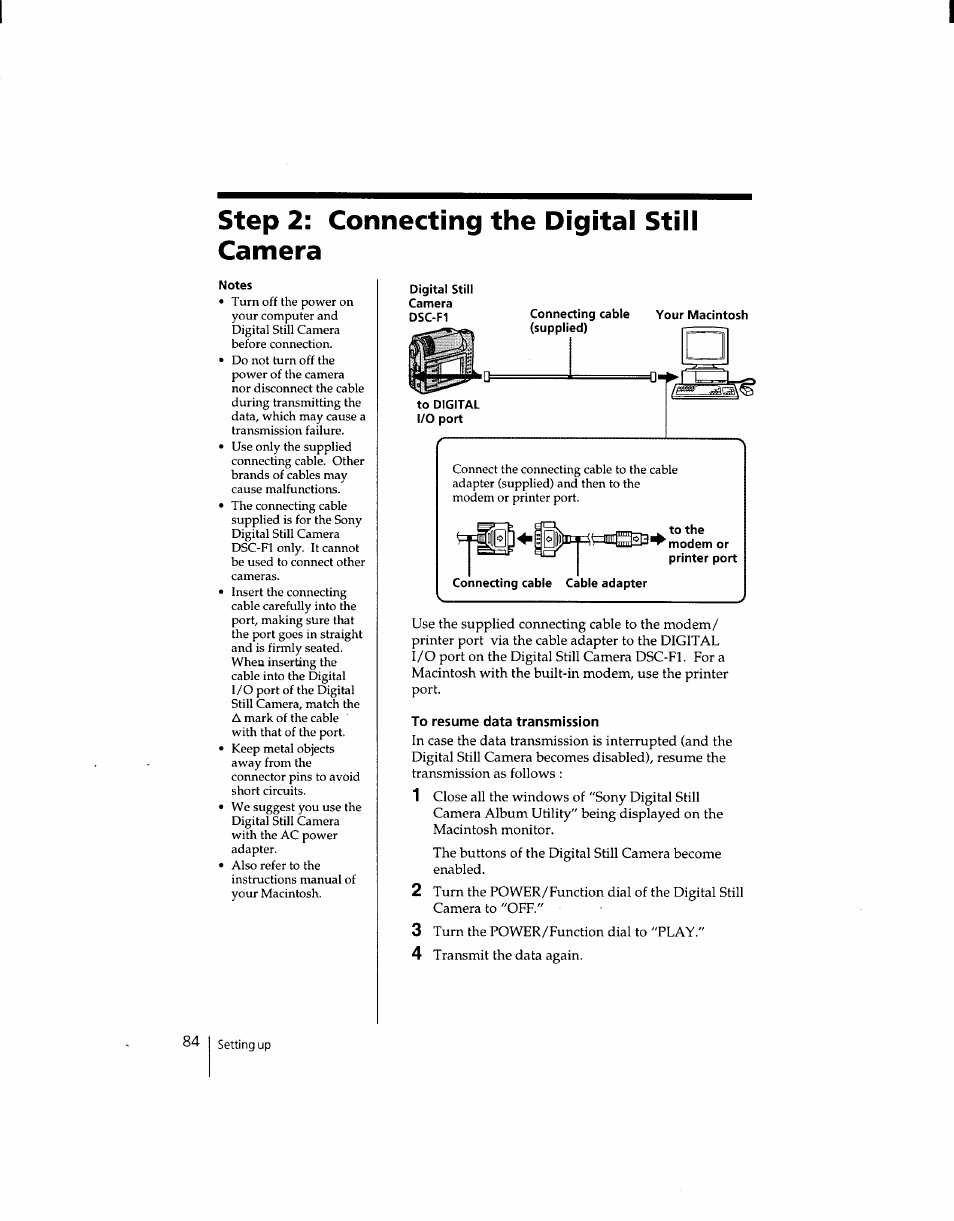 Step 2: connecting the digital still camera, To resume data transmission | Sony DSC-F1 User Manual | Page 84 / 127