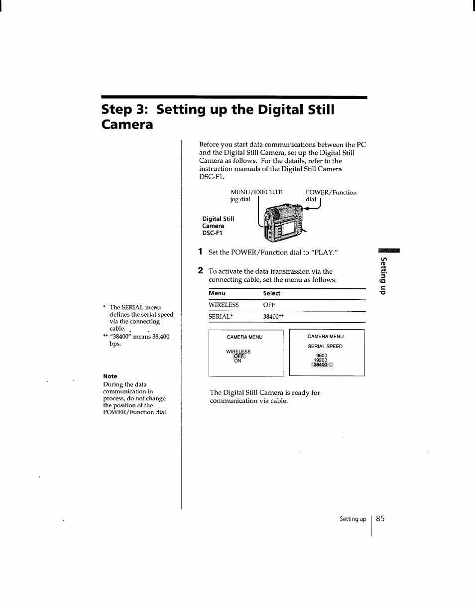 Step 3: setting up the digital still camera | Sony DSC-F1 User Manual | Page 85 / 127