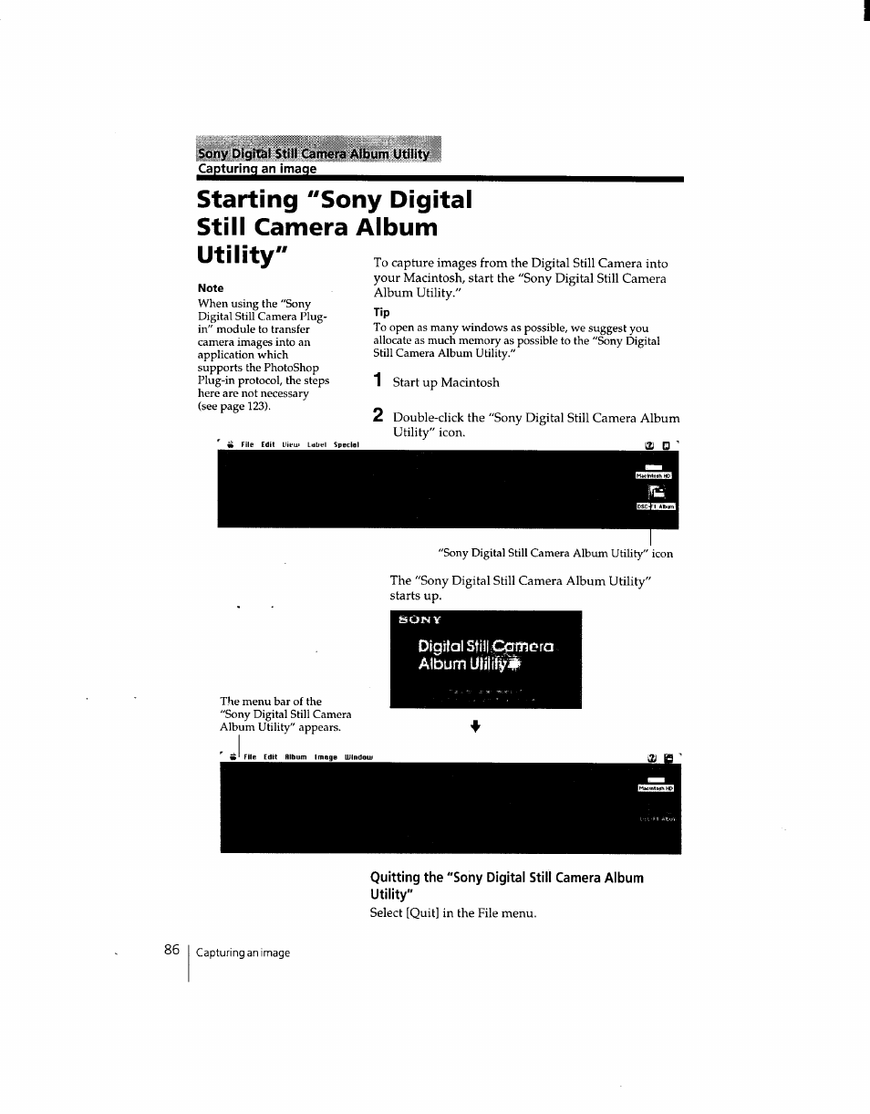 Starting "sony digital still camera album utility | Sony DSC-F1 User Manual | Page 86 / 127