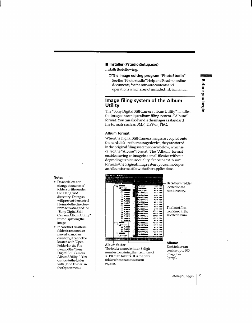 Installer (pstudio\setup.exe), The image editing program "photostudio, Image filing system of the album utility | Album format | Sony DSC-F1 User Manual | Page 9 / 127