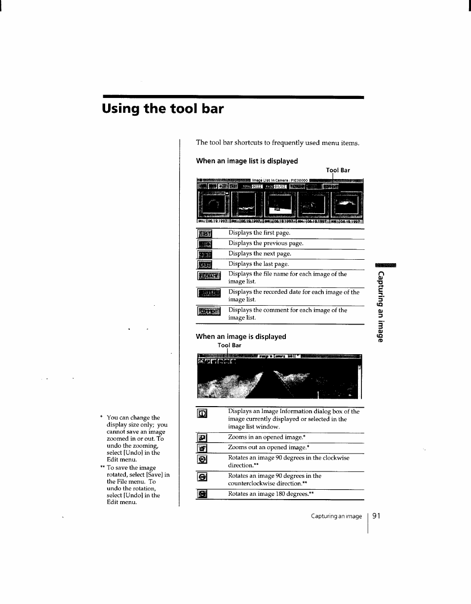 Using the tool bar, When an image list is displayed, When an image is displayed | Sony DSC-F1 User Manual | Page 91 / 127