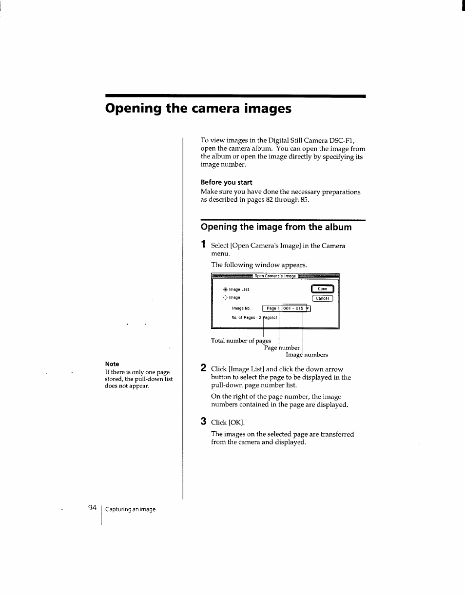 Opening the camera images, Before you start, Opening the image from the album | Sony DSC-F1 User Manual | Page 94 / 127