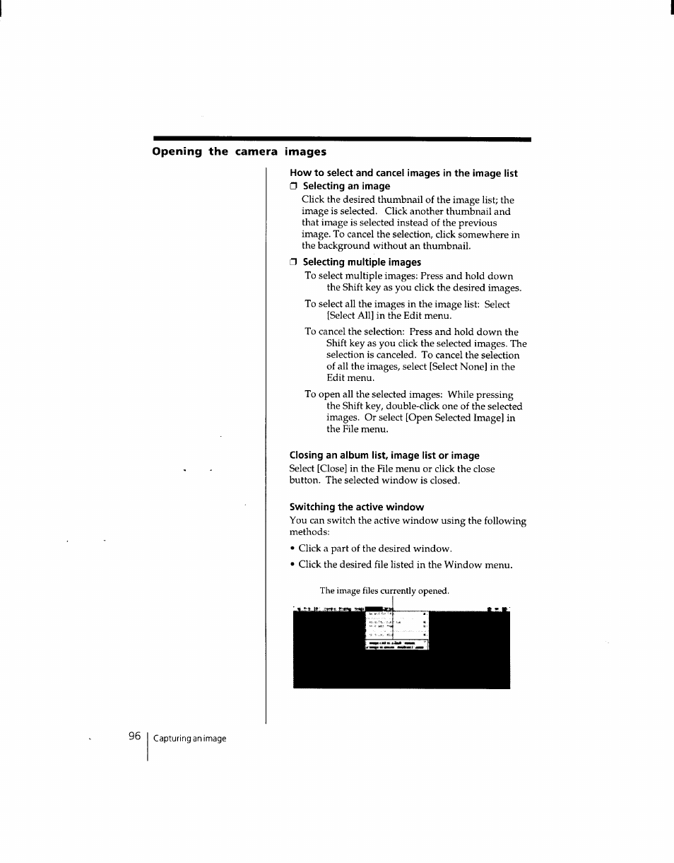 How to select and cancel images in the image iist, Seiecting an image, Selecting muitipie images | Closing an album list, image list or image, Switching the active window | Sony DSC-F1 User Manual | Page 96 / 127
