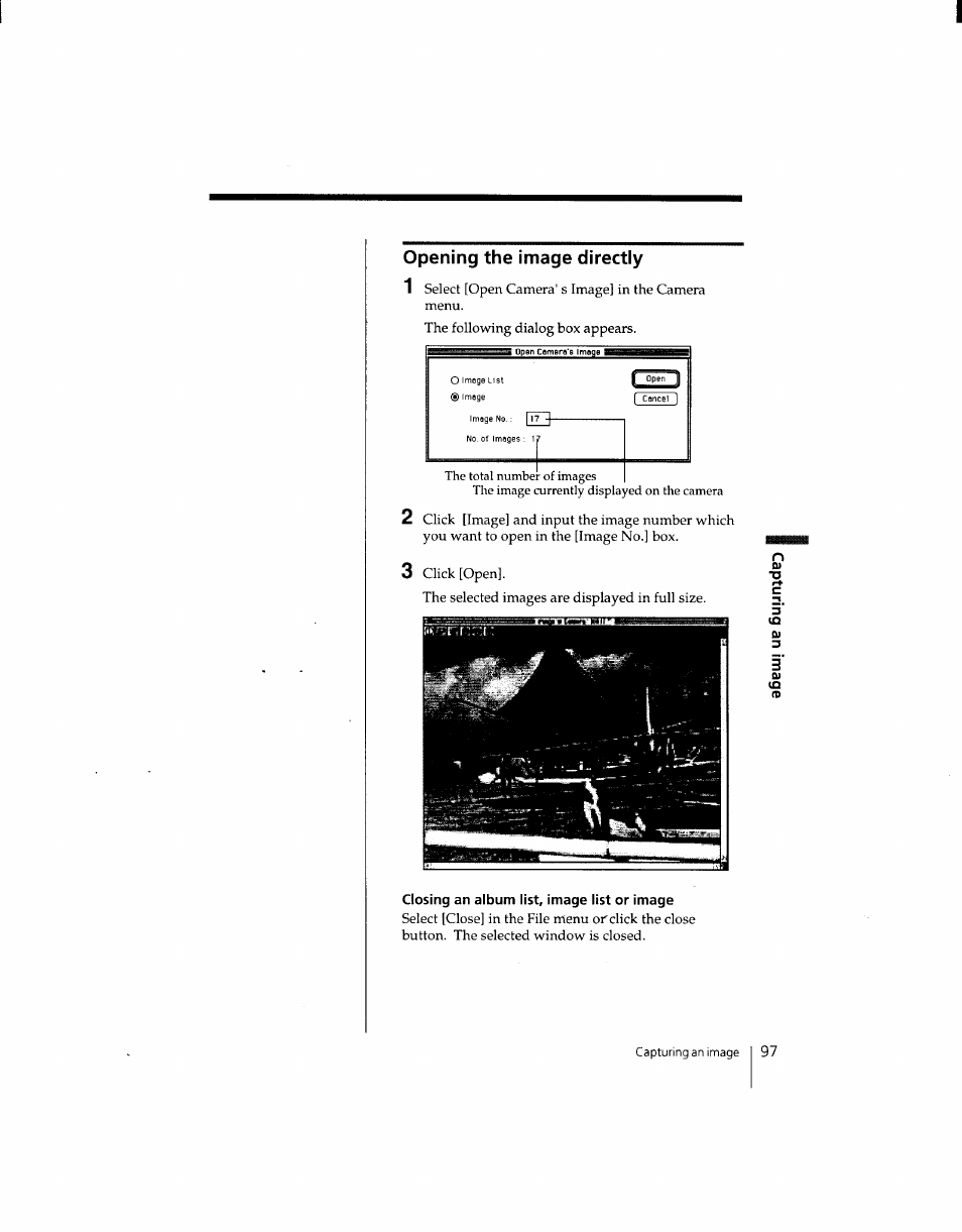 Opening the image directly, Closing an album list, image list or image | Sony DSC-F1 User Manual | Page 97 / 127