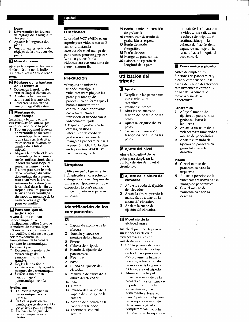 Funciones, Precaución, Limpieza | Identificación de los componentes, Utilización del trípode | Sony VCT-670RM User Manual | Page 3 / 6