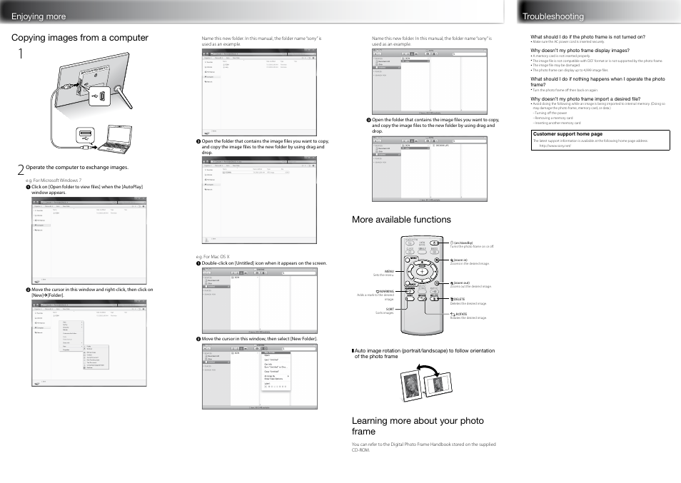 Enjoying more troubleshooting, Copying images from a computer, More available functions | Learning more about your photo frame | Sony DPF-D1010 User Manual | Page 2 / 2