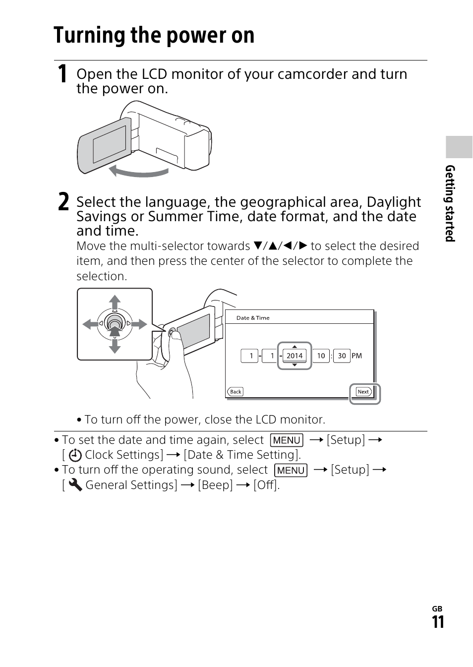 Turning the power on | Sony HDR-PJ340 User Manual | Page 11 / 32