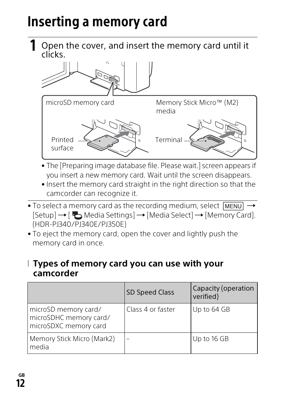 Inserting a memory card | Sony HDR-PJ340 User Manual | Page 12 / 32