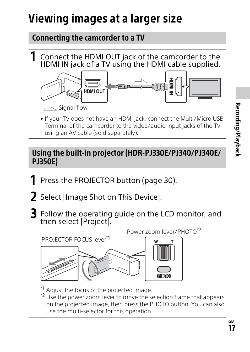 Viewing images at a larger size | Sony HDR-PJ340 User Manual | Page 17 / 32