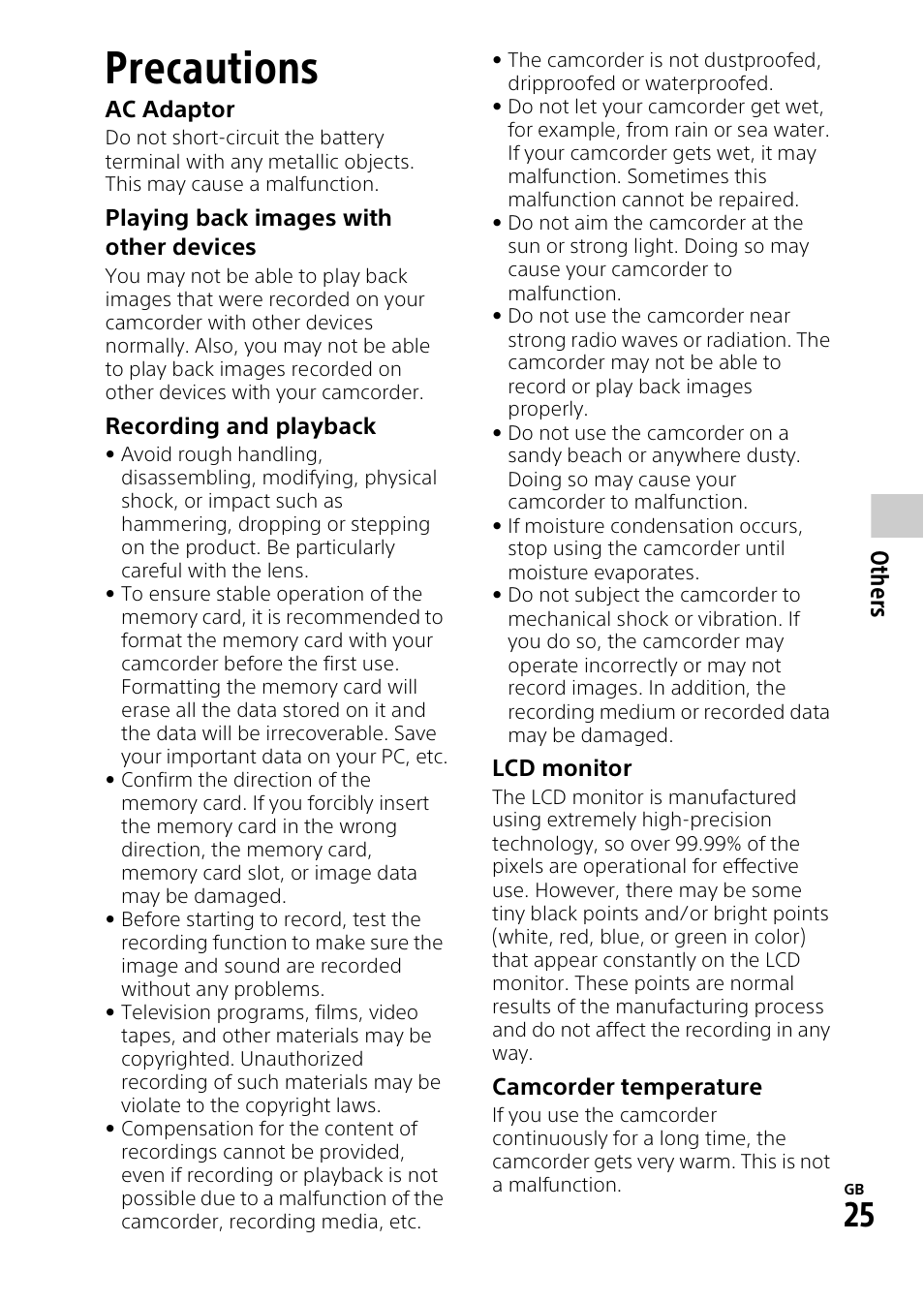 Others, Precautions | Sony HDR-PJ340 User Manual | Page 25 / 32