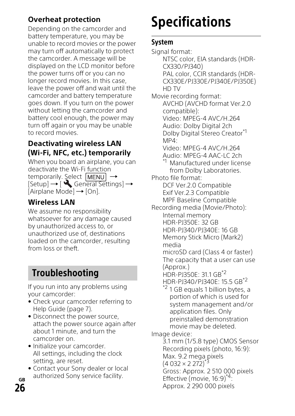 Specifications, Troubleshooting | Sony HDR-PJ340 User Manual | Page 26 / 32