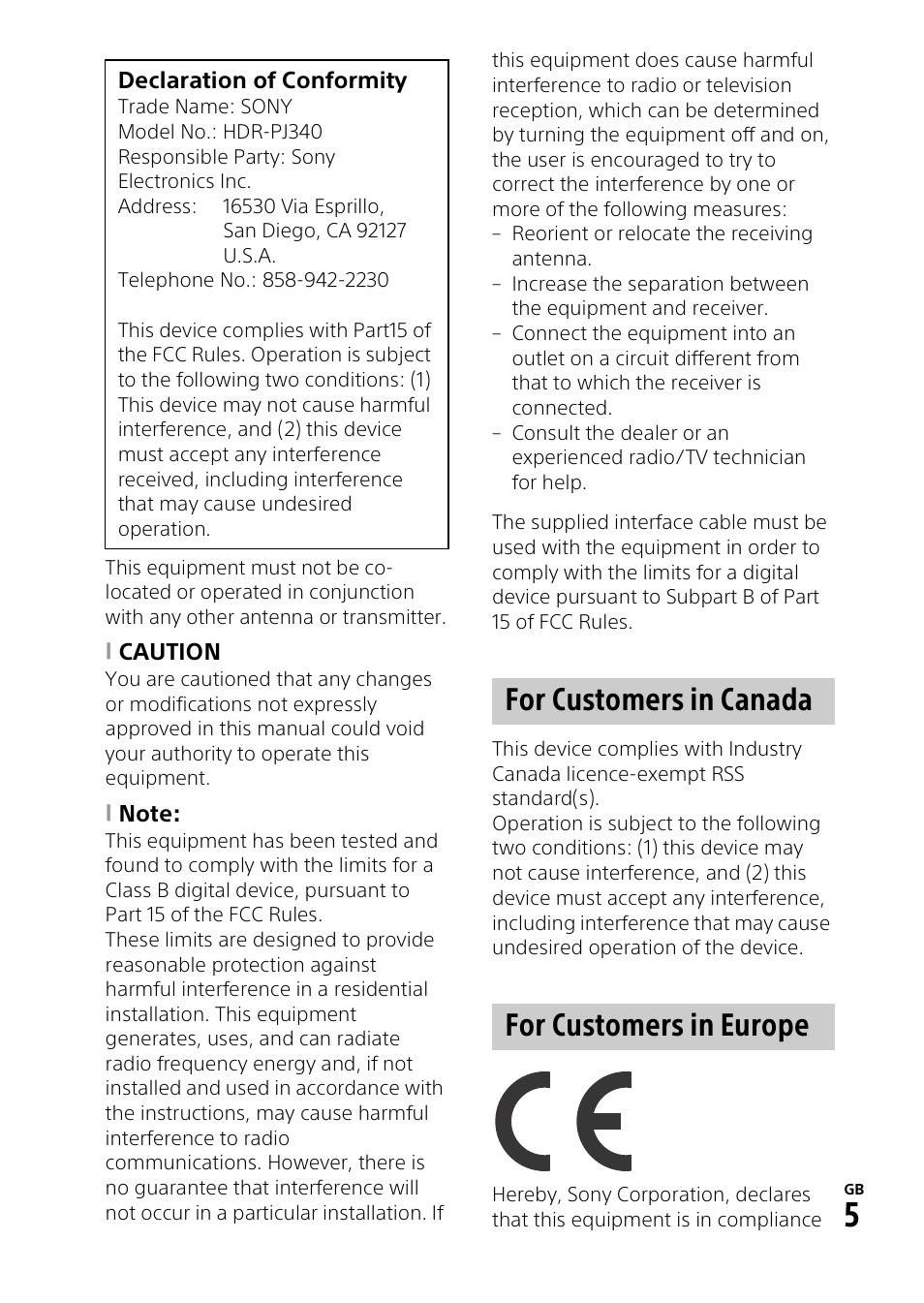 For customers in canada for customers in europe | Sony HDR-PJ340 User Manual | Page 5 / 32