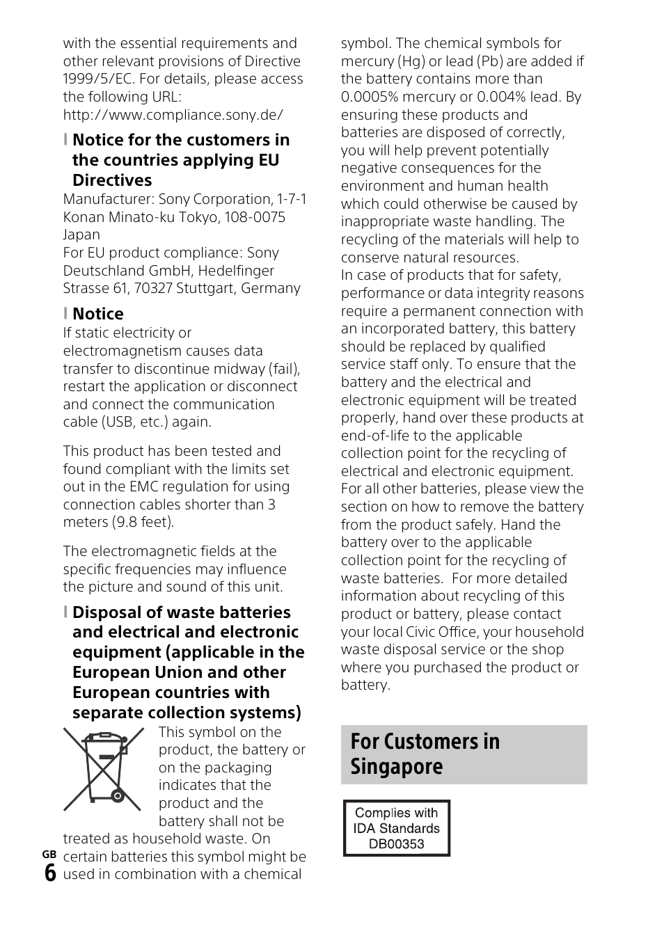 For customers in singapore | Sony HDR-PJ340 User Manual | Page 6 / 32