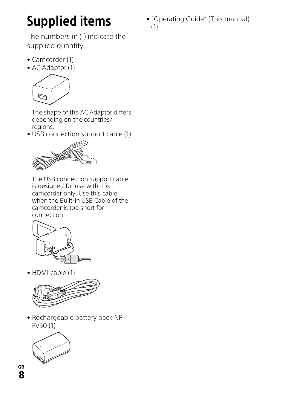 Getting started, Supplied items | Sony HDR-PJ340 User Manual | Page 8 / 32