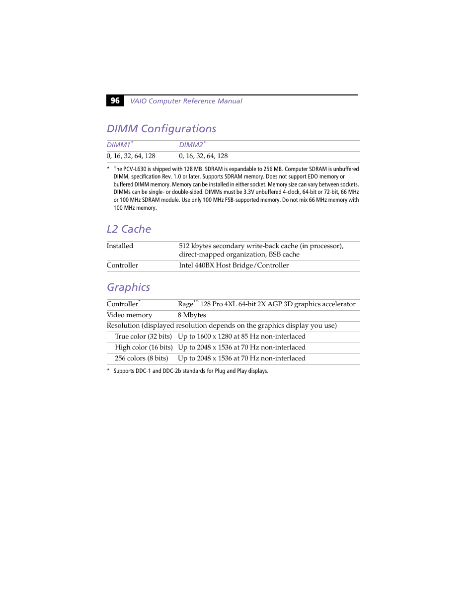 Dimm configurations, L2 cache, Graphics | Dimm configurations l2 cache graphics | Sony PCV-L630 User Manual | Page 104 / 110