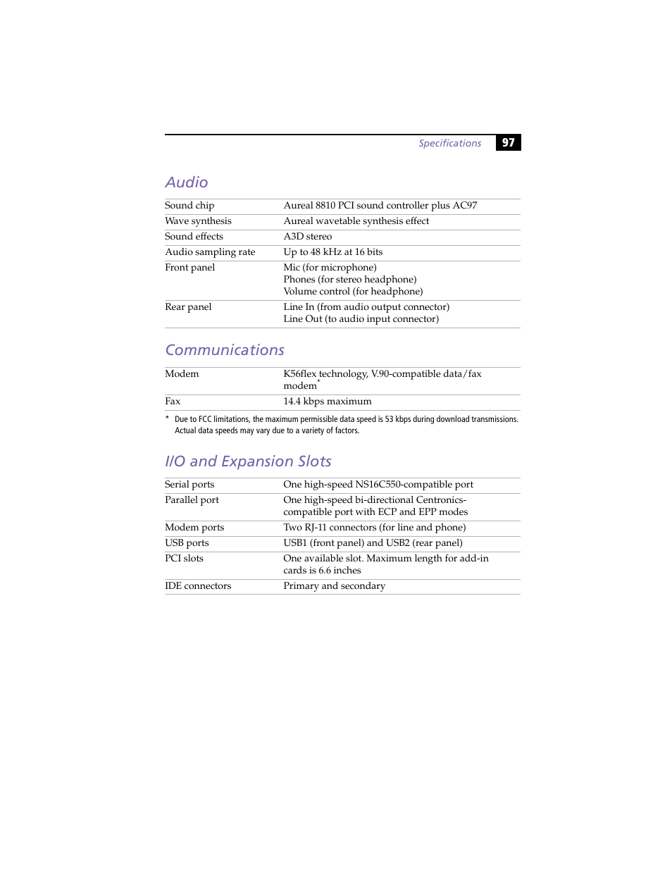 Audio, Communications, I/o and expansion slots | 97 communications, Audio communications i/o and expansion slots | Sony PCV-L630 User Manual | Page 105 / 110