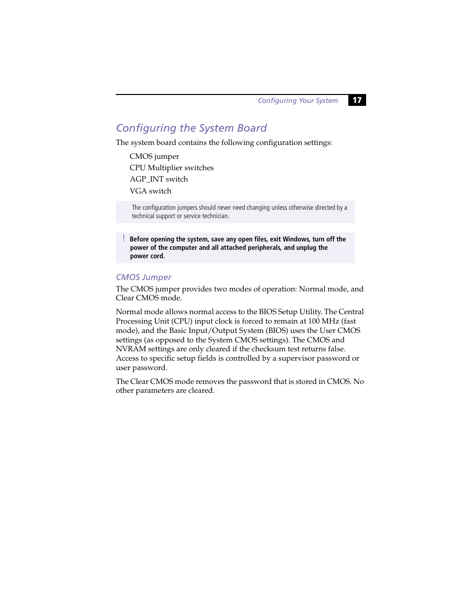 Configuring the system board, Cmos jumper | Sony PCV-L630 User Manual | Page 25 / 110