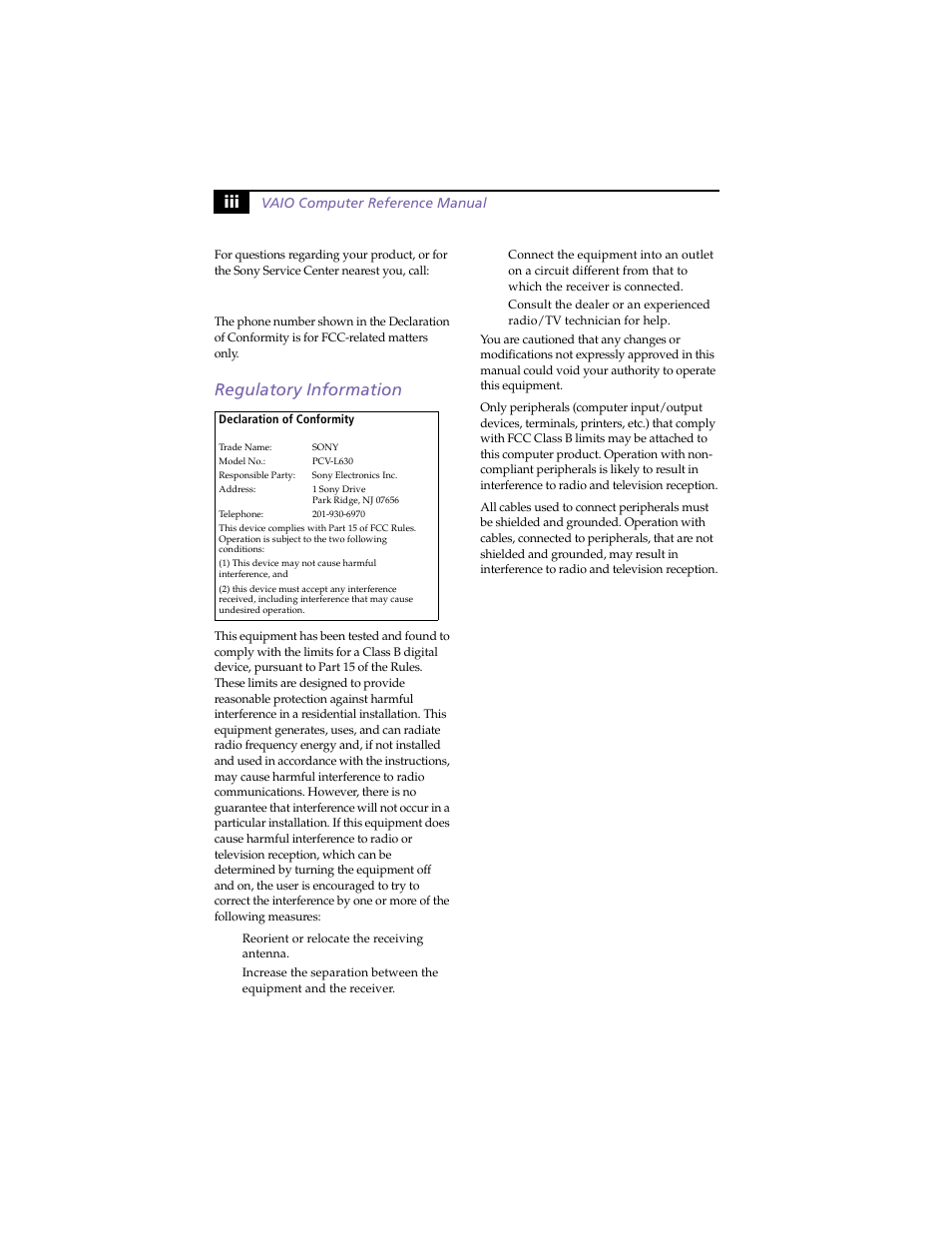 Regulatory information | Sony PCV-L630 User Manual | Page 3 / 110