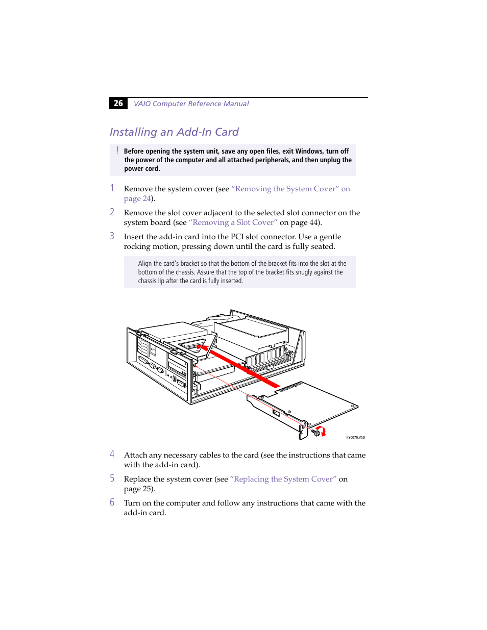 Installing an add-in card | Sony PCV-L630 User Manual | Page 34 / 110